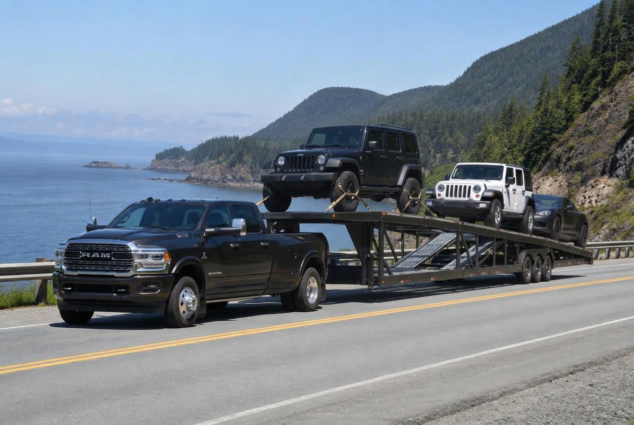 Pickup pulling a loaded car carrier on a coastal highway